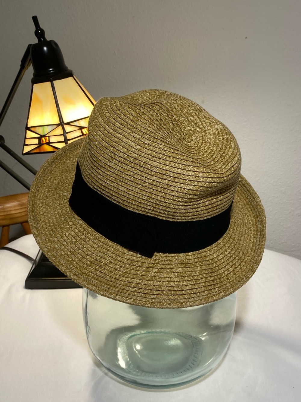 Unique Vintage Straw Fedora Hat with Black Band